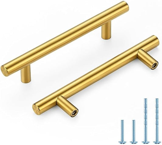 Brushed Brass Cabinet Handles 4 Inch Hole Spacing Stainless Steel Drawer Pulls for Cabinets, Dresser, Bathroom 45 Pack