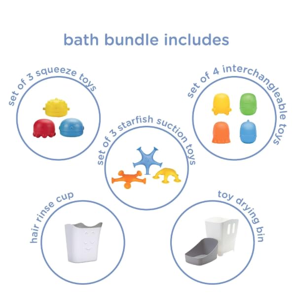 Ubbi Bath Toy & Drying Bin Bundle, Includes 10 Bath Toys, 1 Hair Rinse Cup and 1 Gray Toy Drying Bin, Infant and Toddler Bathtub Accessories