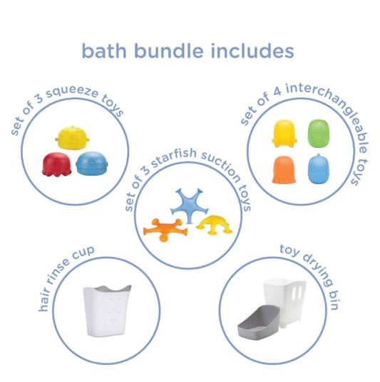 Ubbi Bath Toy & Drying Bin Bundle, Includes 10 Bath Toys, 1 Hair Rinse Cup and 1 Gray Toy Drying Bin, Infant and Toddler Bathtub Accessories