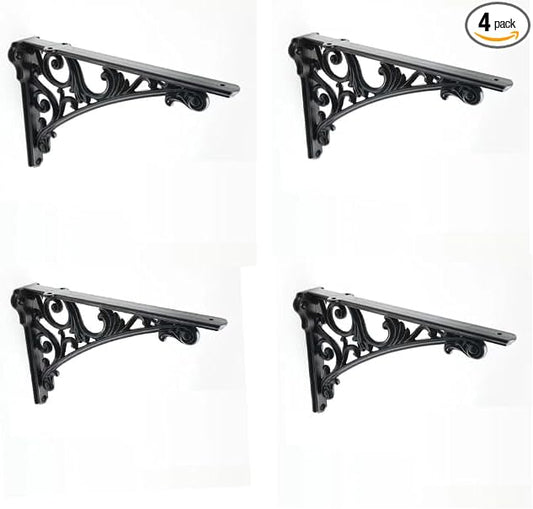 Decorative Shelf Bracket 12 inch Black Brackets for Shelving Solid Heavy Duty Vintage DIY Projects Hardware Included 4 Pack Heavy-Duty Shelf-Brackets