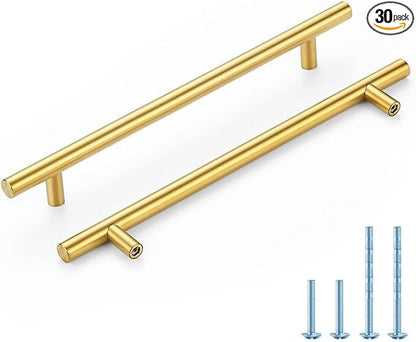 Brushed Brass Cabinet Handles 7-1/2 Inch Hole Spacing Stainless Steel Drawer Pulls for Cabinets, Dresser, Bathroom 30 Pack