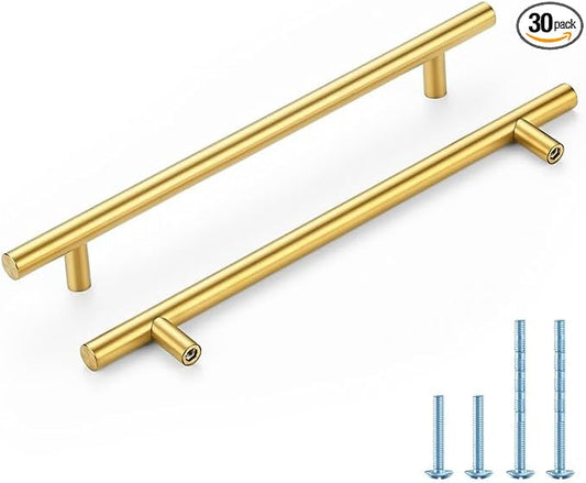 Brushed Brass Cabinet Handles 7-1/2 Inch Hole Spacing Stainless Steel Drawer Pulls for Cabinets, Dresser, Bathroom 30 Pack