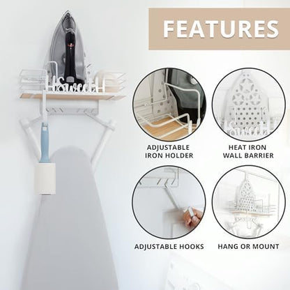 Farmhouse Ironing Board Hanger Wall Mount or Over the Door - Universal Laundry Room Ironing Board Holder Caddy with Iron Holder Shelf - Adjustable Hooks to Hold Ironing Boards Large & Small - White