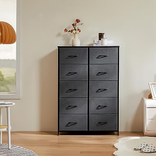 DUMOS Dresser for Bedroom, 10 Storage Drawers, Wide Fabric Closet Chests Organizer Tower Furniture with Wooden Top Metal Frame for Clothes, Guest Room, Living Room, Hallway, Entryway