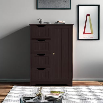 Yaheetech Wooden Bathroom Floor Cabinet, Side Storage Organizer Cabinet with 4 Drawers and 1 Cupboard, Freestanding Entryway Storage Unit Console Table, Home Decor Furniture, Brown