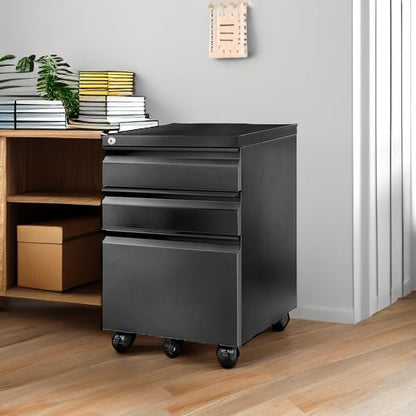 FLEXISPOT 3-Drawer Metal Mobile Filing Cabinet for Home Office - Under Desk Storage with Lock Keys - Legal/Letter/A4 File Organizer - Fully Assembled Except Wheels - Black