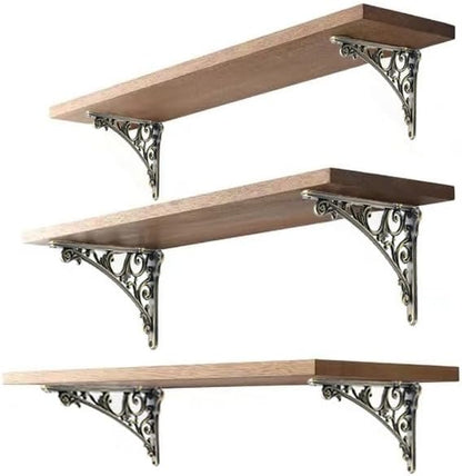 Decorative Shelf Bracket 8 inch, Brushed Antique Brass Brackets for Shelving, Heavy Duty Vintage, DIY Projects, Hardware Included, 4 Pack, 7.87x5.6x1.73 inch，Baroque Style