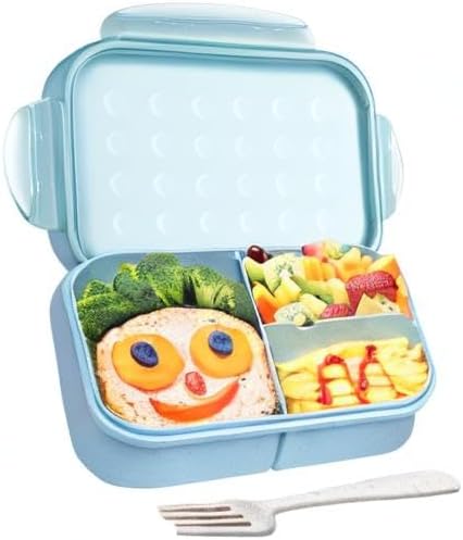 Wheat Straw Lunch Box, Leakproof 3-Compartment Bento Box for Kids & Adults, BPA-Free Lunch Containers, Microwave & Dishwasher Safe, 5.5 Cup (Blue)