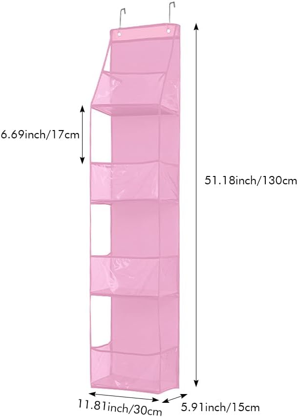 Bibabala Over The Door Organizer Storage,4 Shelf Swing-Proof Behind Door Organizers with Metal Hooks,Closet Hanging Organizer with 4 Large Clear Pocket for Bedroom,Bathroom,Pantry(Pink)