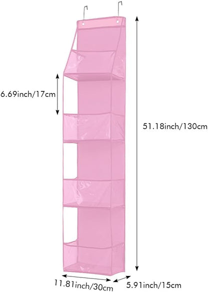 Bibabala Over The Door Organizer Storage,4 Shelf Swing-Proof Behind Door Organizers with Metal Hooks,Closet Hanging Organizer with 4 Large Clear Pocket for Bedroom,Bathroom,Pantry(Pink)