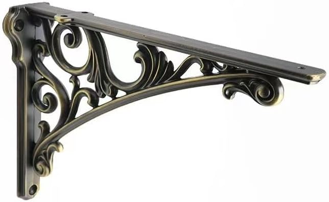 Decorative Shelf Bracket 10 inch, Brushed Antique Brass Brackets for Shelving, Heavy Duty Vintage, DIY Projects, Hardware Included, 4 Pack, 9.84x7x1.73 inch，Baroque Style
