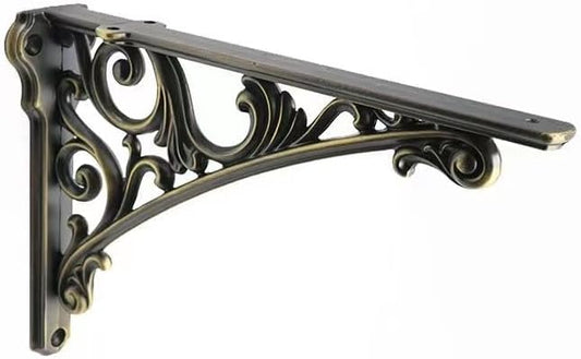 Decorative Shelf Bracket 10 inch, Brushed Antique Brass Brackets for Shelving, Heavy Duty Vintage, DIY Projects, Hardware Included, 4 Pack, 9.84x7x1.73 inch，Baroque Style