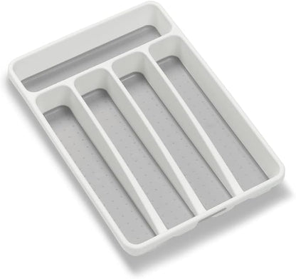 madesmart Premium Small Silverware Tray, Compact 5 Compartment Flatware Organizer for Forks, Knives & Spoons, Non Slip, Soft Grip Lining, Fits Small Drawers, White
