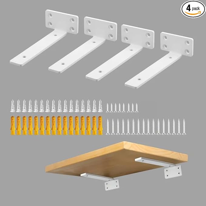 Alise Floating Shelf Brackets White,4 Pcs L Brackets for Shelves,6'' Hidden Invisible Shelf Brackets,1/5" Inch Thick Heavy Duty Metal Wall Shelf Support Corner Brackets for Home and DIY Mounting Shelf