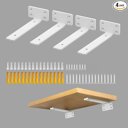 Alise Floating Shelf Brackets White,4 Pcs L Brackets for Shelves,6'' Hidden Invisible Shelf Brackets,1/5" Inch Thick Heavy Duty Metal Wall Shelf Support Corner Brackets for Home and DIY Mounting Shelf