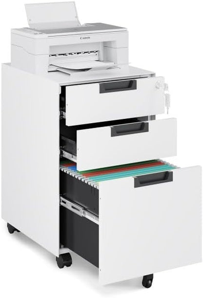 Mobile File Cabinet,3 Drawer Locking Storage Filing Cabinet,Office Metal Storage Cabinet on Wheels for Legal/Letter/A4 File(Fully Assembled，White)