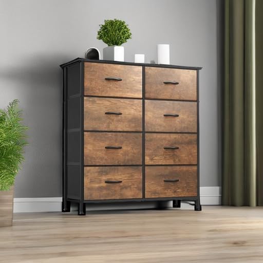 YITAHOME Fabric Dresser for Bedroom, Tall Storage Tower with 8 Drawers, Rustic Dresser & Chest of Drawers, Storage Drawer Organizer for Closet, Bedroom, Living Room
