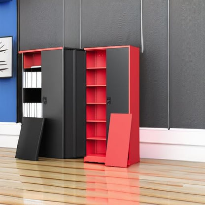 Yizosh Metal Garage Storage Cabinet with Lock Doors and 5 Shelves,- 71" Heavy Duty Steel Locking Tool Cabinet for Garage,Office,School (Red Black)