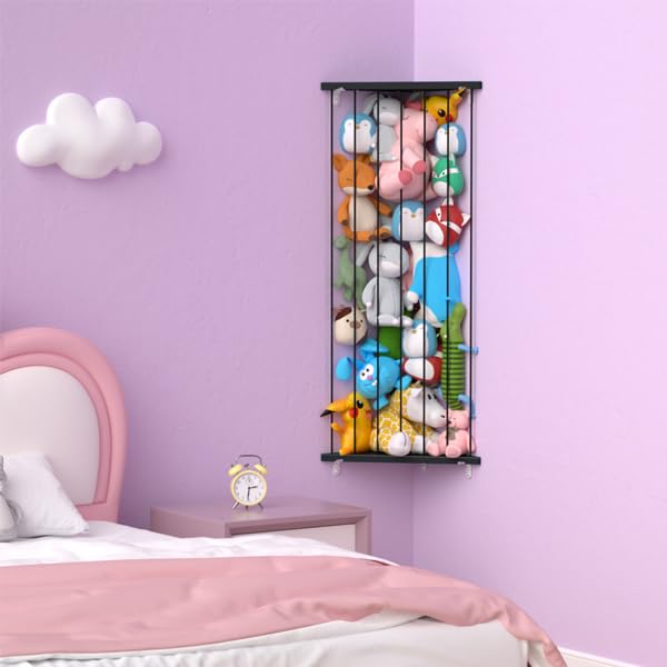 Stuffed Animal Storage Shelf Organizer(Patented) - Corner Stuffed Animal Holder Length Adjustable - Wall Plush Storage for Nursery Playroom Bedroom Kids Room (Black+Light, Standard)
