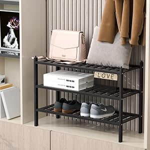Shoe Rack, 3-Tier Bamboo Stackable Shelf Storage Organizer, Stand for Closet, Entryway, Hallway, Bathroom and Living Room（Black）