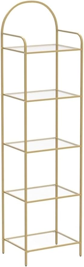 Bookcase Bookshelf, Tempered Glass Bookshelves, Slim Shelving Unit for Bedroom, Bathroom, Home Office, Steel Frame, 5 Tier Gold BC05001G