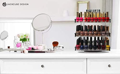 J JACKCUBE DESIGN Nail Polish Organizer, 3 Tier Acrylic 360 Rotating Display Rack Stand Makeup Cosmetics Storage Box Carousel Shelf with Black Iron Guard, Hold Up to 180 – MK302-3