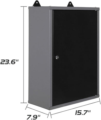 JZD Metal Storage Wall Mounted Lockable Cabinet with 22 Tool Hooks, for Garage Basement Workshop, Black & Gray