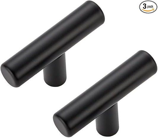3 Pack Matte Black Cabinet Knobs - Kitchen Cabinet Knobs Black Cabinet Pulls for Kitchen Cabinet Drawer Stainless Steel Dresser Knobs for Cabinet Hardware 2in Length Single Hole T Bar