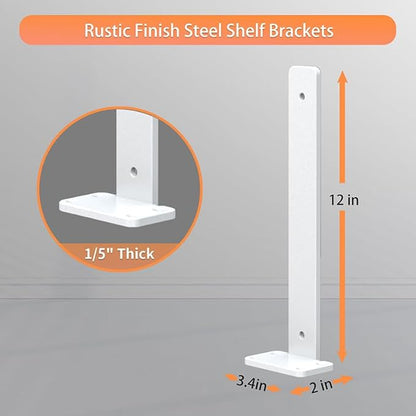 Floating Shelf Brackets upgraded,12 inch, White Heavy Duty Iron Shelf Brackets, Industrial Modern Floating Shelf Support for Wall Mount Shelves,Wide Brackets ,4 Pack, Support DIY(5mm Thickening Type).
