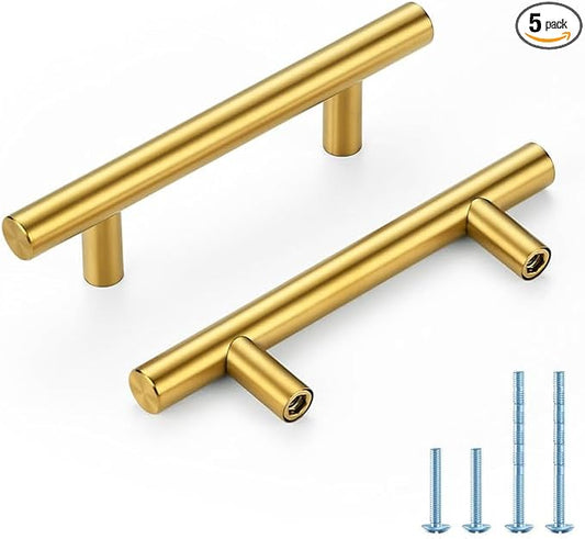 Brushed Brass Cabinet Handles 3 Inch Hole Spacing Stainless Steel Drawer Pulls for Cabinets, Dresser, Bathroom 5 Pack