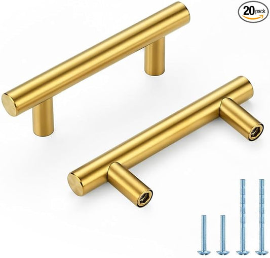 Brushed Brass Cabinet Handles 2-1/2 Inch Hole Spacing Stainless Steel Drawer Pulls for Cabinets, Dresser, Bathroom 20 Pack