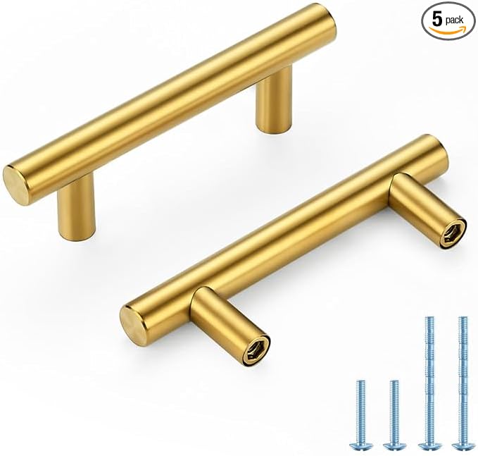 Brushed Brass Cabinet Handles 2-1/2 Inch Hole Spacing Stainless Steel Drawer Pulls for Cabinets, Dresser, Bathroom 5 Pack