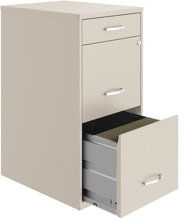 Scranton & Co 18" 3-Drawer Metal Filing Cabinet, Off White Finish, High-Sided File Drawers, Pencil Drawer with Lock, Smooth Glide Suspension, Compact Home Office Storage Solution