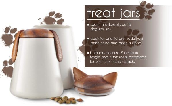 nambe Dog Treat Jar | Pet Food Storage Container | Puppy Ears Design | Made of Porcelain with Acacia Wood Lid | Measures 6.5 x 7.5 Inch | Designed by Karim Rashid
