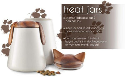 Nambé Cat Treat Jar - 5.5” x 7”, Decorative Feline Storage Container with Acacia Wood Lid & Porcelain Base - Airtight Countertop Jar for Pet Treats, Snacks & Kitchen Décor