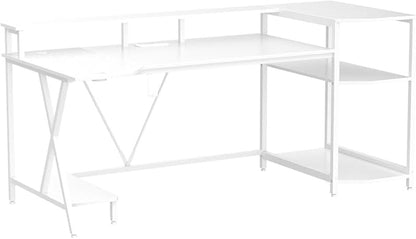 SEDETA White Gaming Desk 70.8'' with LED Lights and Storage Shelves, Computer Desk with Monitor Stand, Power Outlets and Cup Holder, Large PC Gamer Desk, Gaming Table for Bedroom, Living Room