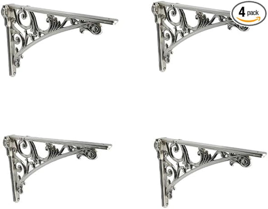 Decorative Shelf Bracket 12 inch Brushed Satin Nickel Brackets for Shelving Solid Heavy Duty Vintage DIY Projects Hardware Included 4 Pack Heavy-Duty Shelf-Brackets