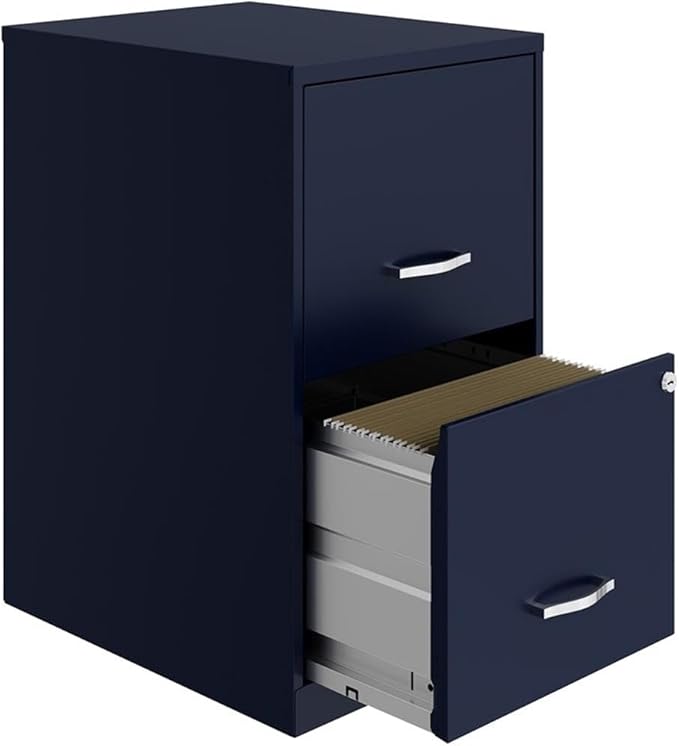 Pemberly Row 18" Modern Metal Filing Cabinet, 2 Drawers, Navy Finish, Lockable Letter File Storage, Smooth Glide Suspension, Compact Design for Home Office or Small Space Use