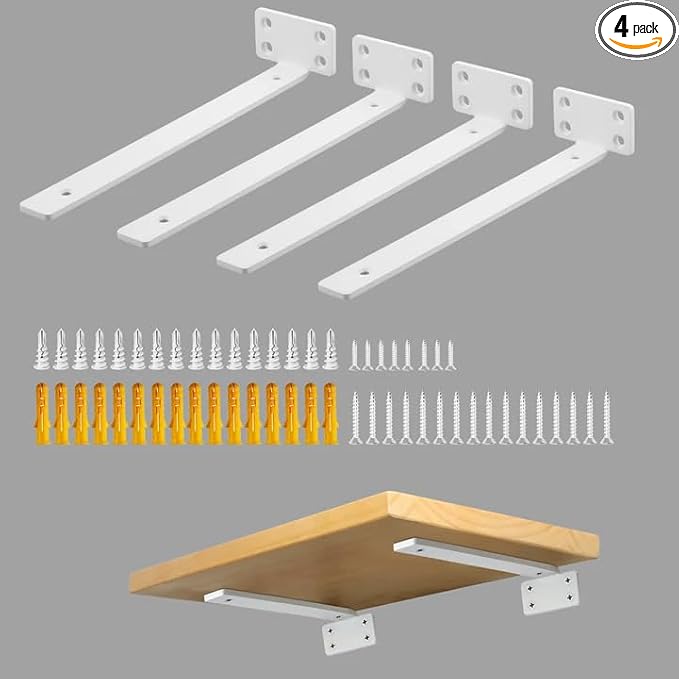 Alise Floating Shelf Brackets White, 4 Pcs L Brackets for Shelves, 8'' Hidden Invisible Shelf Brackets, 1/5" Inch Thick Heavy Duty Metal Wall Shelf Support Corner Brackets for Home and Mounting Shelf