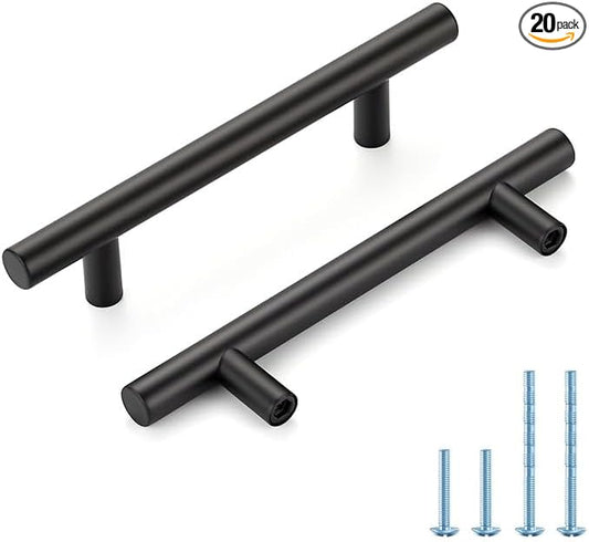 Black Cabinet Handles 3-3/4 Inch Hole Spacing Stainless Steel Drawer Pulls for Cabinets, Dresser, Bathroom 20 Pack