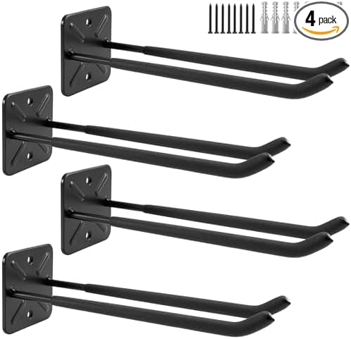 Sinoer Heavy Duty Garage Double Hooks, Ladder Hooks for Garage Wall Mount, 80KG Load Capacity, 32CM Extended Length, Multi-Functional Storage Hooks for Ladders, Bikes, Tools, Garden Equipment-(4 Pack)