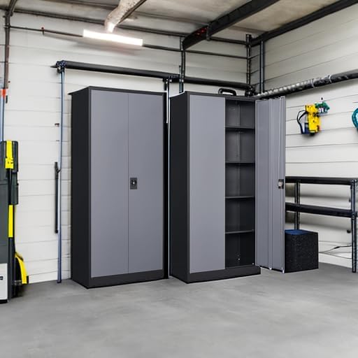 Metal Storage Cabinet with 2 Doors and 4 Adjustable Shelves, 71" Steel Garage Storage Cabinet, Locking Tool Cabinets for Office, Home,School,Kitchen,Garage Tool Utility Cabinet Black Grey