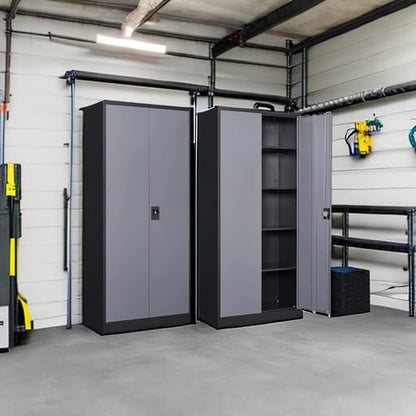 Metal Storage Cabinet with 2 Doors and 4 Adjustable Shelves, 71" Steel Garage Storage Cabinet, Locking Tool Cabinets for Office, Home,School,Kitchen,Garage Tool Utility Cabinet Black Grey