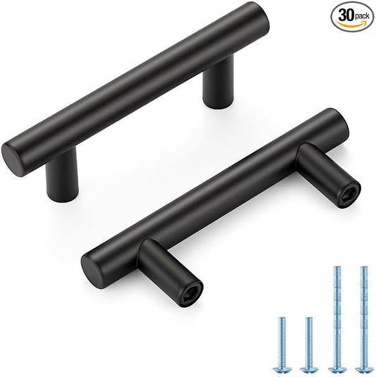 Black Cabinet Handles 2-1/2 Inch Hole Spacing Stainless Steel Drawer Pulls for Cabinets, Dresser, Bathroom 30 Pack