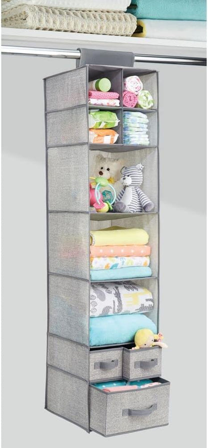 mDesign Fabric Hanging Organizer - Over Closet Rod Storage - 7 Shelves/3 Removable Drawers for Baby Nursery Bedroom Organization - Hold Clothes, Linens, Toys, Accessories - Lido Collection - Gray