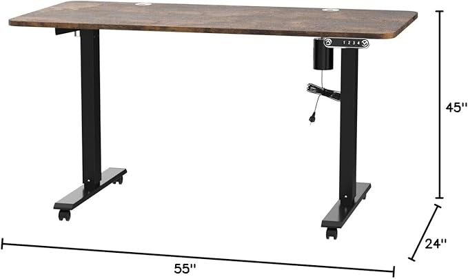 farexon 55 x 24 Electric Standing Desk Adjustable Height with Charging Station, Stand up Desk with Wheels,Outlets, Mouse Pad, Preset Heights Home Office Gaming Computer Workstations Table（Brown）