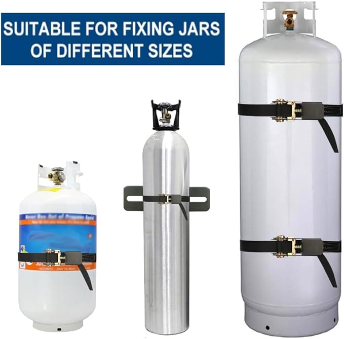 2PCS Propane Tank Holder，Oxygen Tank Holder，Nitrogen Gas Cylinder Holder, with 6.6ft Ratchet Strap and Screws Suitable for rv Propane Tank Holder，Cylinder Wall Mounted Bracket (Black)