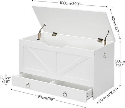 HOOBRO Storage Chest, 39.3" Toy Chest with Drawer, Wooden Storage Bench, Sturdy Entryway Bench Supports 220 lb, Shoe Bench, Safety Hinge, U-Shaped Opening, Easy Assembly, White WT710CW01G1