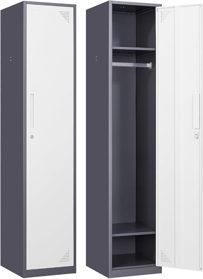 Metal Locker for Home, Dressing Room, 71" Steel Storage Lockers for Employees, Lockable Locker Cabinet with 1 Door (Grey White)