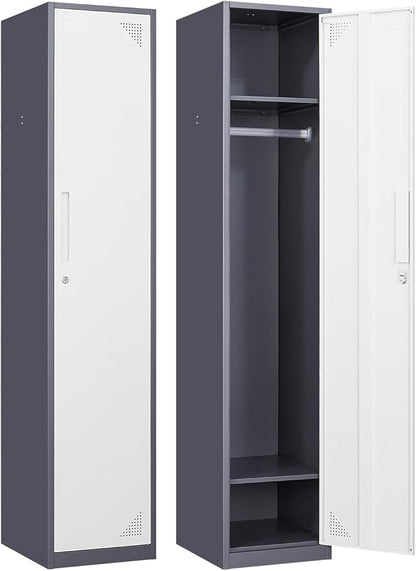 Metal Locker for Home, Dressing Room, 71" Steel Storage Lockers for Employees, Lockable Locker Cabinet with 1 Door (Grey White)